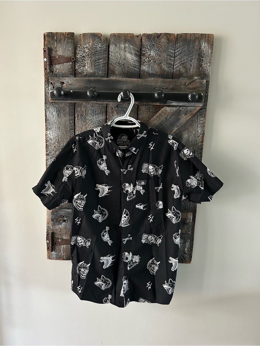 Men's Black Short-Sleeve Button-Up Shirt with White Graphic Print